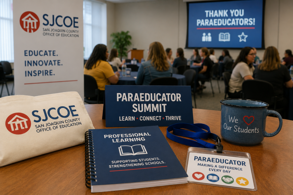 Editorial illustration depicting professional learning materials and a paraeducator summit setting representing San Joaquin County Office of Education's first Paraeducator Summit.