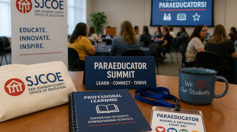 Editorial illustration depicting professional learning materials and a paraeducator summit setting representing San Joaquin County Office of Education's first Paraeducator Summit.