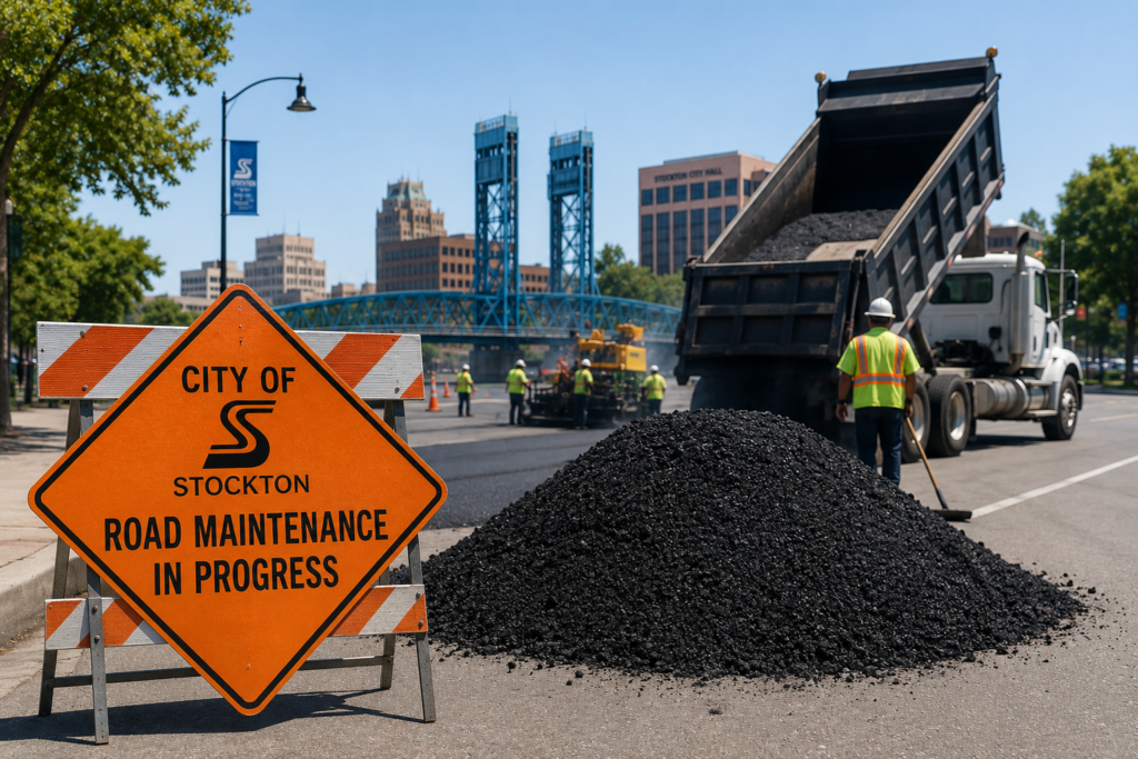 Editorial illustration showing hot-mix asphalt, road maintenance equipment, and Stockton landmarks representing the City's procurement of asphalt for future street maintenance projects.