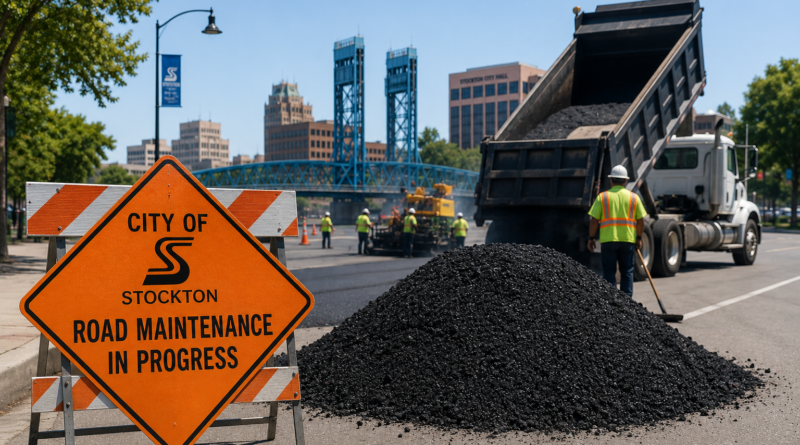 Editorial illustration showing hot-mix asphalt, road maintenance equipment, and Stockton landmarks representing the City's procurement of asphalt for future street maintenance projects.