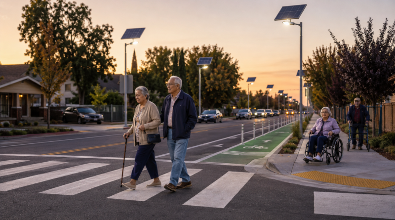 Older adults safely crossing a Stockton neighborhood street with solar lighting, an accessible crosswalk, and a protected bike lane
