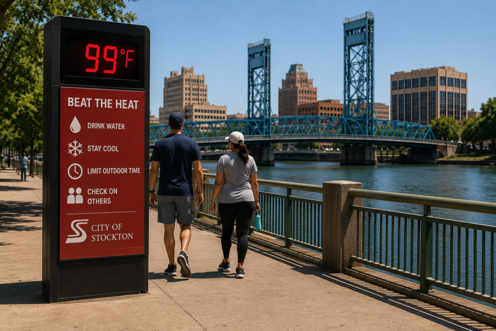Stockton riverfront during hot summer weather with a public heat safety sign reminding residents to drink water, stay cool, limit outdoor activity, and check on others before forecast triple-digit temperatures.
