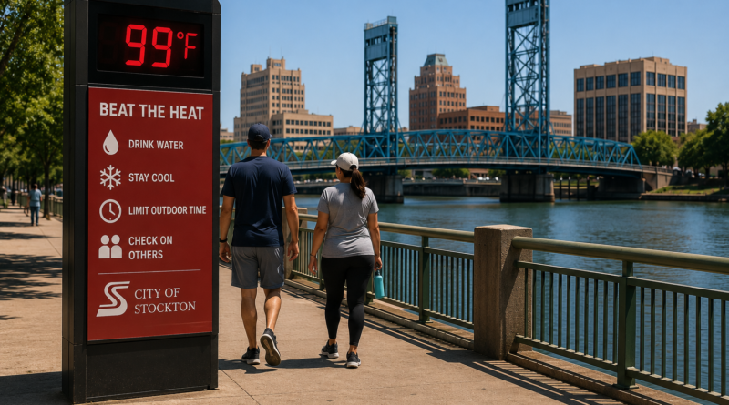 Stockton riverfront during hot summer weather with a public heat safety sign reminding residents to drink water, stay cool, limit outdoor activity, and check on others before forecast triple-digit temperatures.