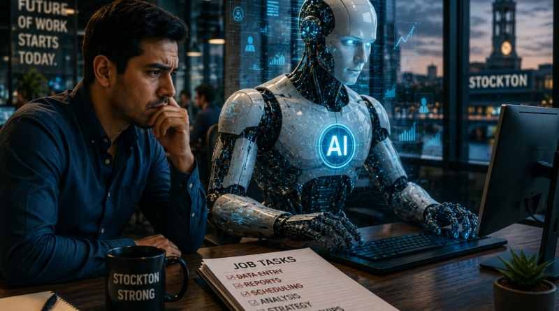 Stockton worker watches a futuristic AI robot perform office tasks, illustrating how artificial intelligence could change local jobs.