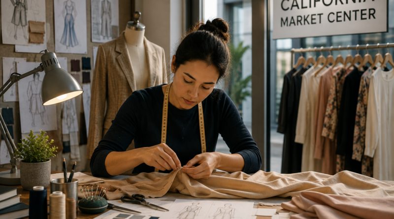 Editorial illustration of a garment craftsperson carefully sewing fabric in a fashion studio before a finished garment reaches customers.