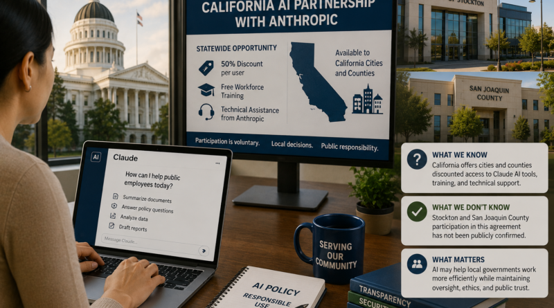 Editorial illustration depicting a public employee reviewing artificial intelligence resources alongside government policy materials, representing California's new AI purchasing pathway for local governments.