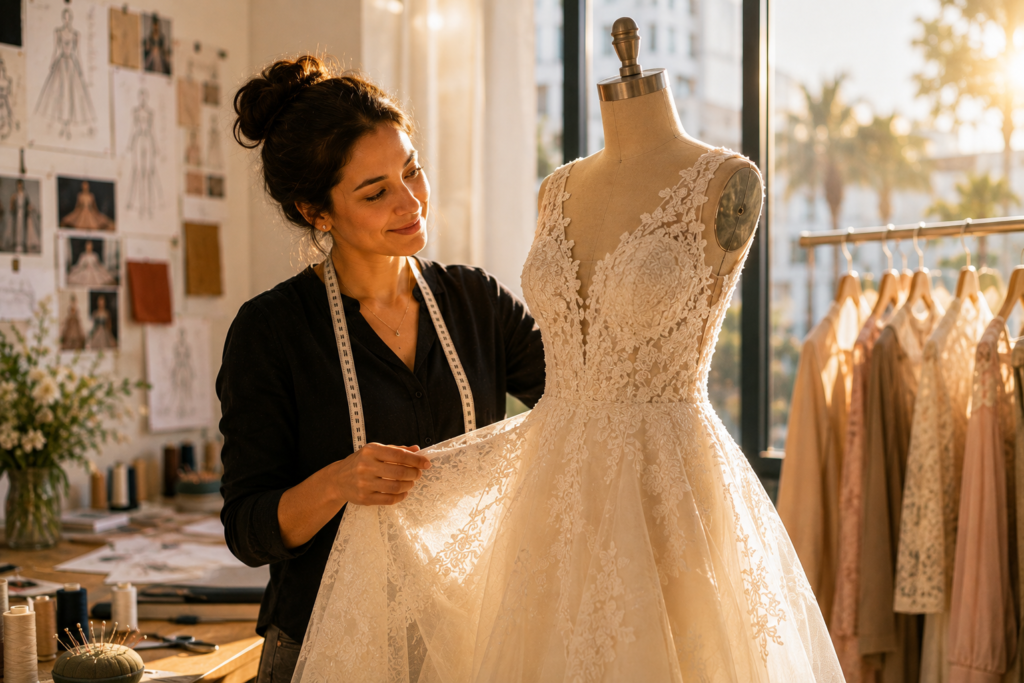 Fashion designer carefully finishing a handcrafted wedding gown in a professional studio, illustrating the craftsmanship behind California Market Week and the creation of garments for life's meaningful celebrations.
