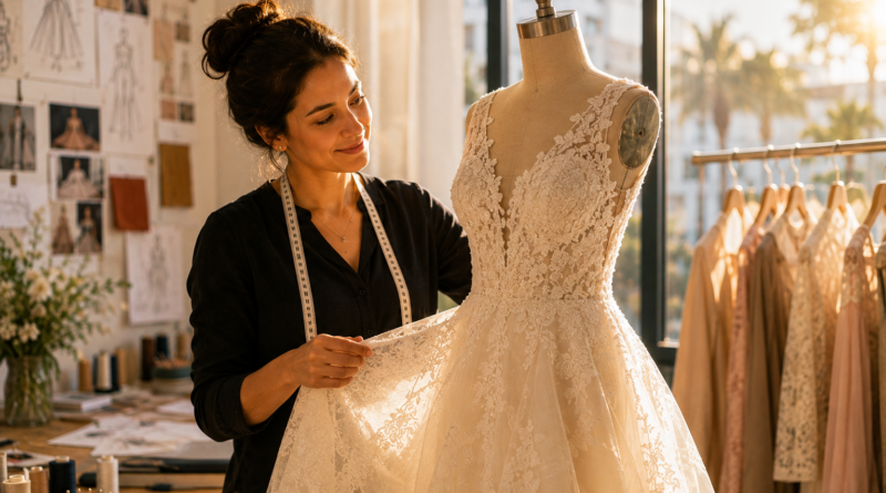 Fashion designer carefully finishing a handcrafted wedding gown in a professional studio, illustrating the craftsmanship behind California Market Week and the creation of garments for life's meaningful celebrations.