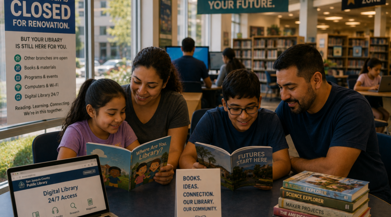 Stockton family reading together at another public library branch while Cesar Chavez Central Library is closed for renovation.