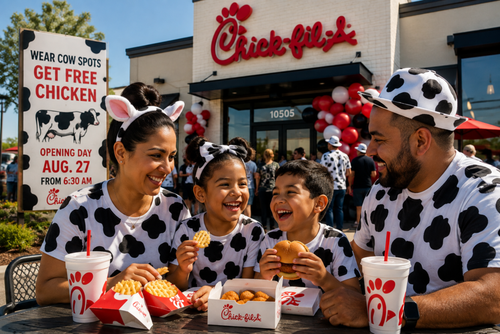 Family wearing playful cow-spotted clothing and sharing a Chick-fil-A meal, illustrating the new Trinity Parkway restaurant opening in Stockton.