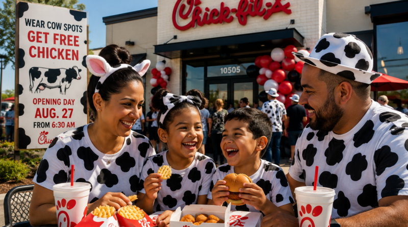 Family wearing playful cow-spotted clothing and sharing a Chick-fil-A meal, illustrating the new Trinity Parkway restaurant opening in Stockton.