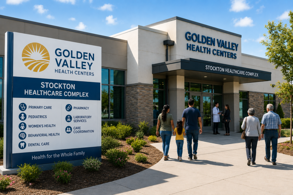 Editorial illustration of a modern community healthcare complex with patients and families arriving for medical care, representing expanded healthcare services in Stockton.