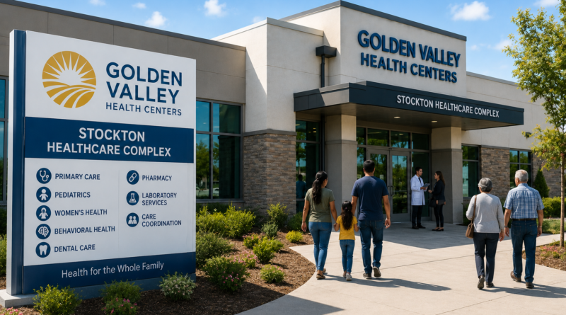 Editorial illustration of a modern community healthcare complex with patients and families arriving for medical care, representing expanded healthcare services in Stockton.