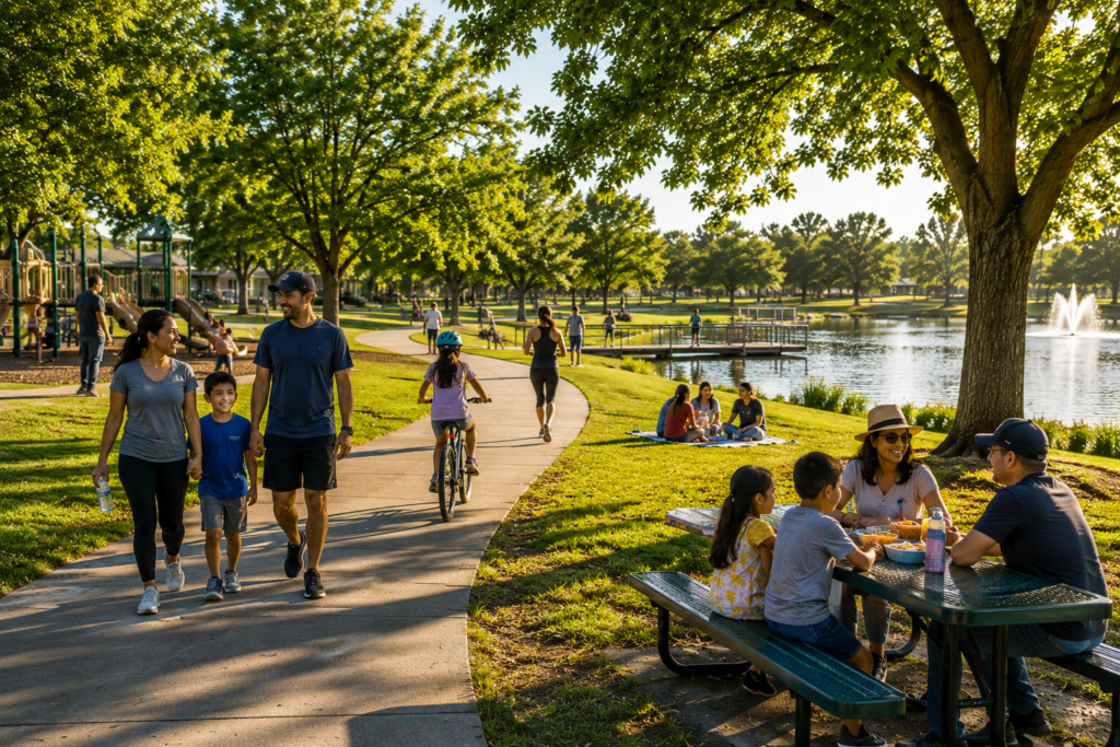 Families walk, play, bike and gather in a San Joaquin County park, illustrating community input into the County's 10-year Parks System Plan.