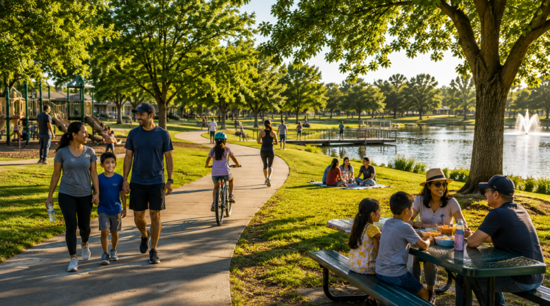 Families walk, play, bike and gather in a San Joaquin County park, illustrating community input into the County's 10-year Parks System Plan.