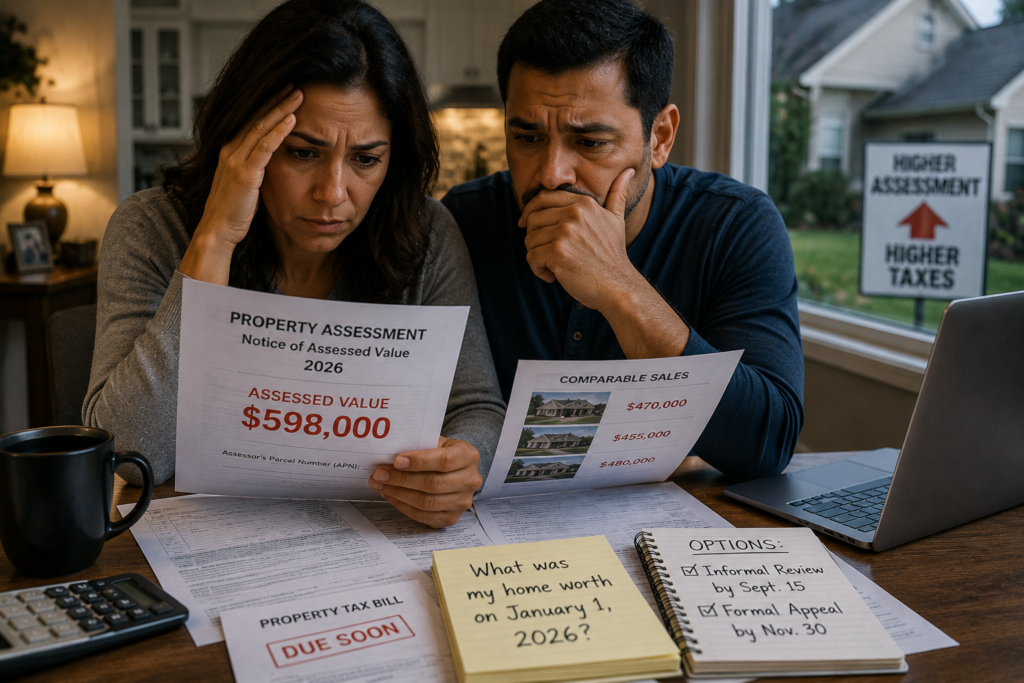Concerned homeowners reviewing a San Joaquin County property assessment and comparable home sales at their kitchen table.