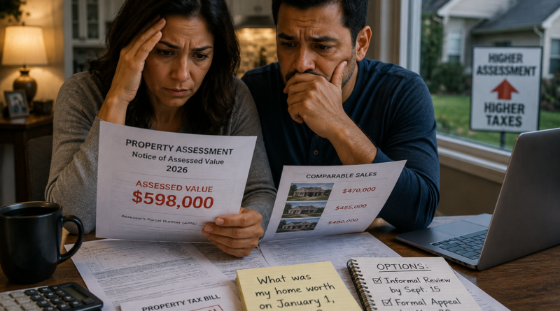 Concerned homeowners reviewing a San Joaquin County property assessment and comparable home sales at their kitchen table.