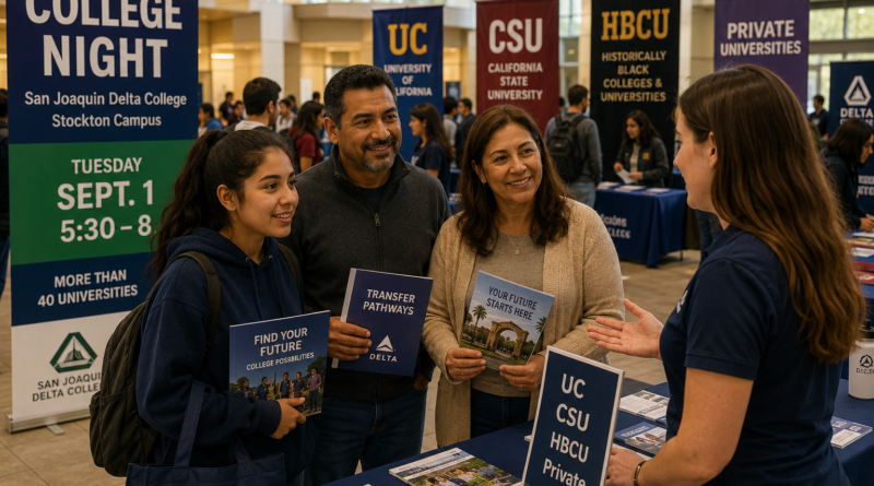 Student and parents speaking with a university representative at a college fair, representing San Joaquin Delta College’s College Night in Stockton.