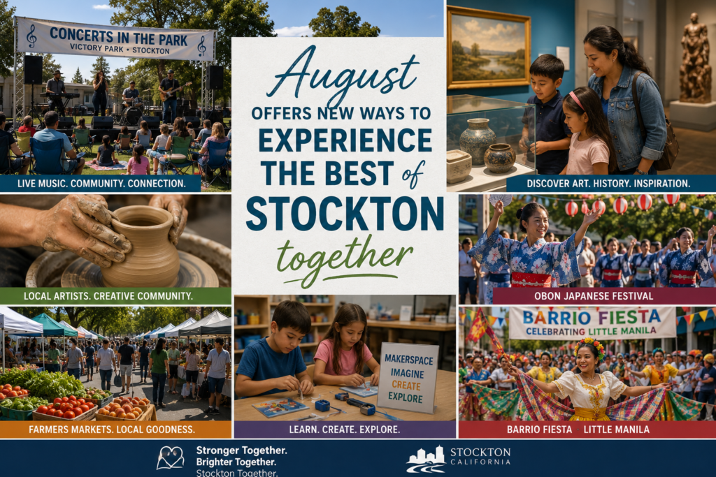Editorial illustration showing concerts, museums, cultural festivals, local art, farmers markets, and family activities representing August community events throughout Stockton.