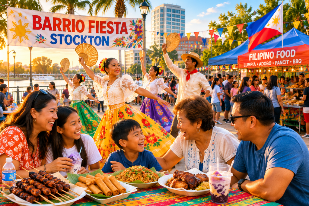 Filipino family sharing food as traditional dancers perform at a waterfront Barrio Fiesta celebration in Stockton.