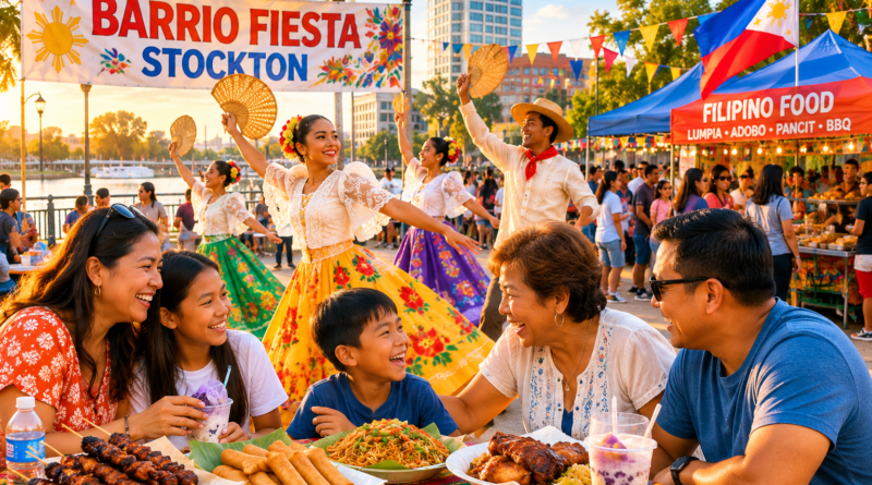 Filipino family sharing food as traditional dancers perform at a waterfront Barrio Fiesta celebration in Stockton.