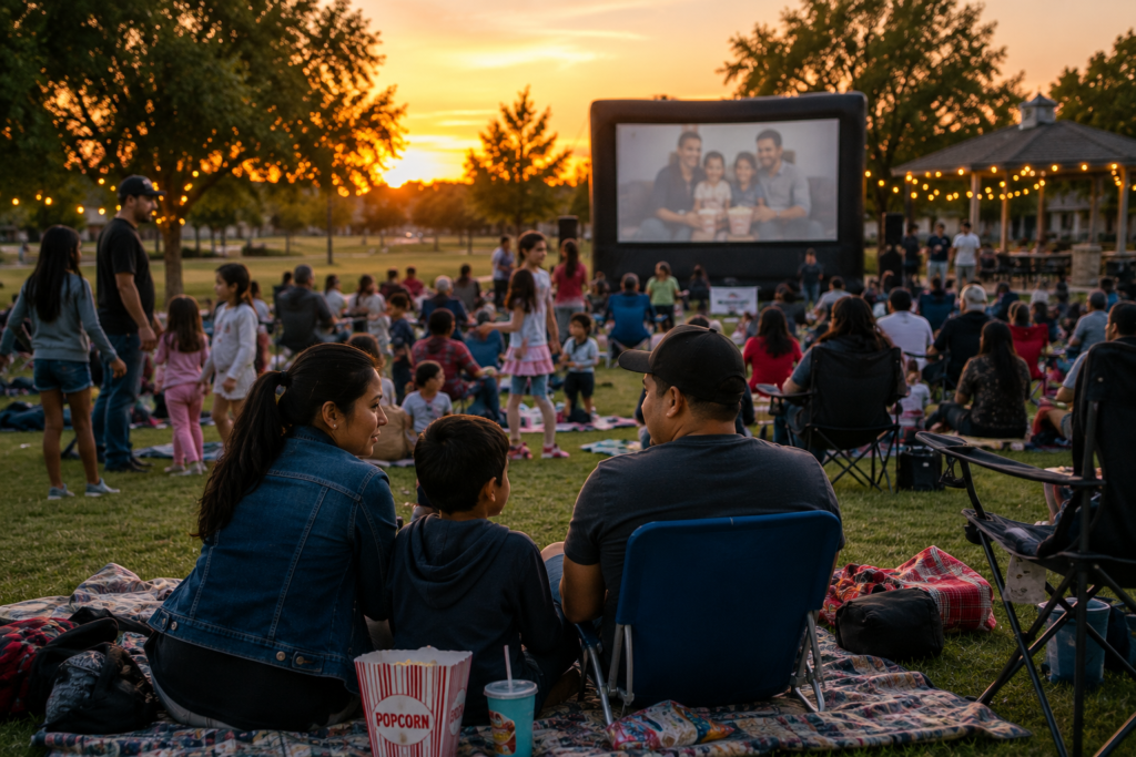 Families and neighbors gather on blankets and lawn chairs for a community movie night in a Stockton park at sunset.