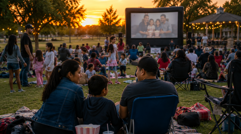 Families and neighbors gather on blankets and lawn chairs for a community movie night in a Stockton park at sunset.