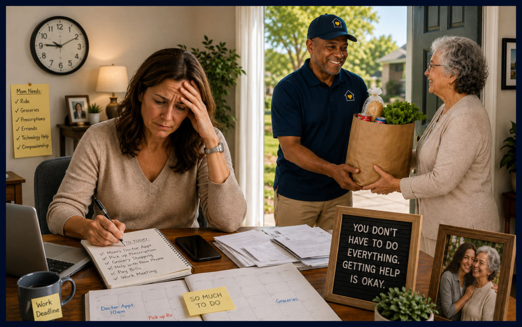Overwhelmed adult daughter managing work and responsibilities while a Senior Errand & Courier Service assistant delivers groceries to her aging mother.