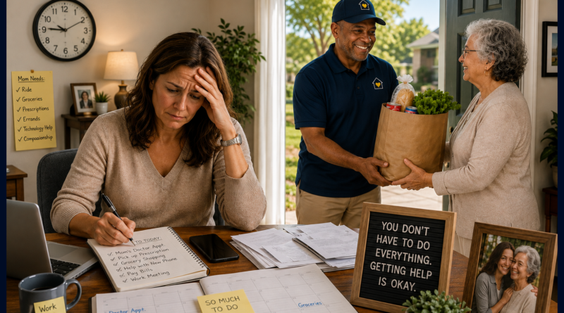 Overwhelmed adult daughter managing work and responsibilities while a Senior Errand & Courier Service assistant delivers groceries to her aging mother.