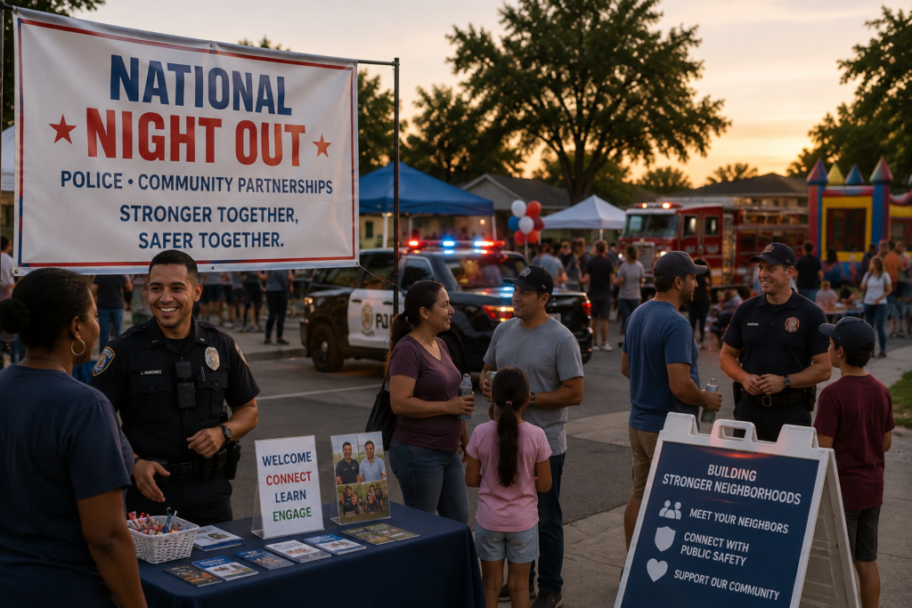 Editorial illustration showing neighbors, families, police officers, firefighters, and community organizations gathering during a National Night Out neighborhood event in Stockton.