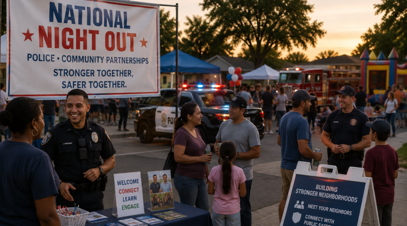Editorial illustration showing neighbors, families, police officers, firefighters, and community organizations gathering during a National Night Out neighborhood event in Stockton.