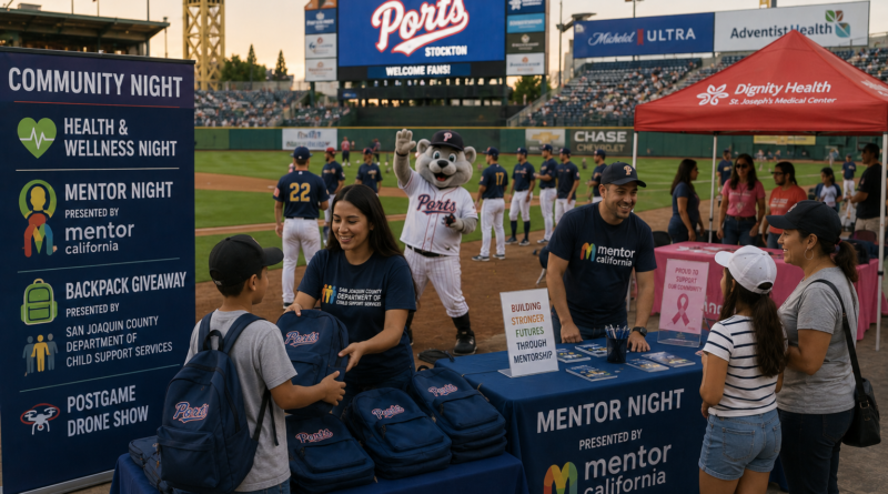 Editorial illustration showing families, community organizations, mentors, and children participating in community activities at a Stockton Ports baseball event.