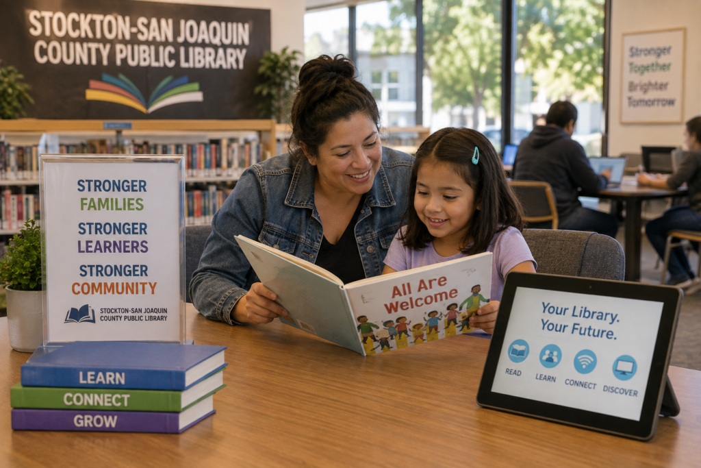 Editorial illustration of a parent and child reading together in a welcoming public library while other patrons study, read, and use library resources.