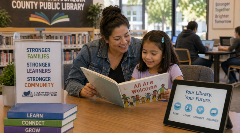 Editorial illustration of a parent and child reading together in a welcoming public library while other patrons study, read, and use library resources.