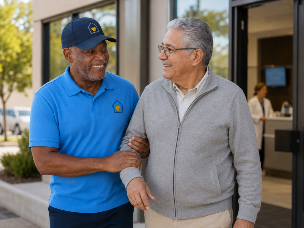 Older Stockton man smiling with a Senior Errand & Courier Service assistant while receiving practical help outside a local building.