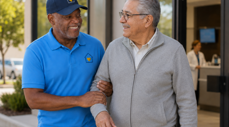 Older Stockton man smiling with a Senior Errand & Courier Service assistant while receiving practical help outside a local building.