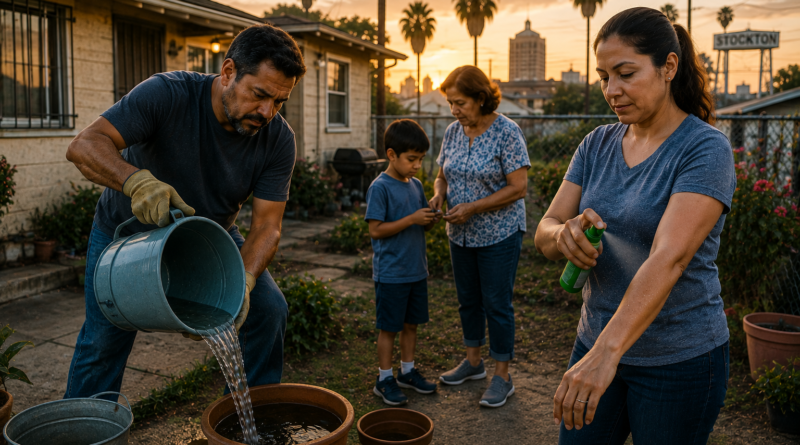Stockton family draining standing water and applying mosquito repellent in their backyard at dusk to reduce the risk of West Nile virus.