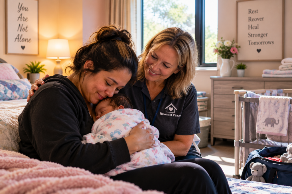 Mother holding her newborn while receiving support at a private room representing Haven of Peace near Stockton, California.