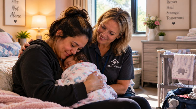 Mother holding her newborn while receiving support at a private room representing Haven of Peace near Stockton, California.